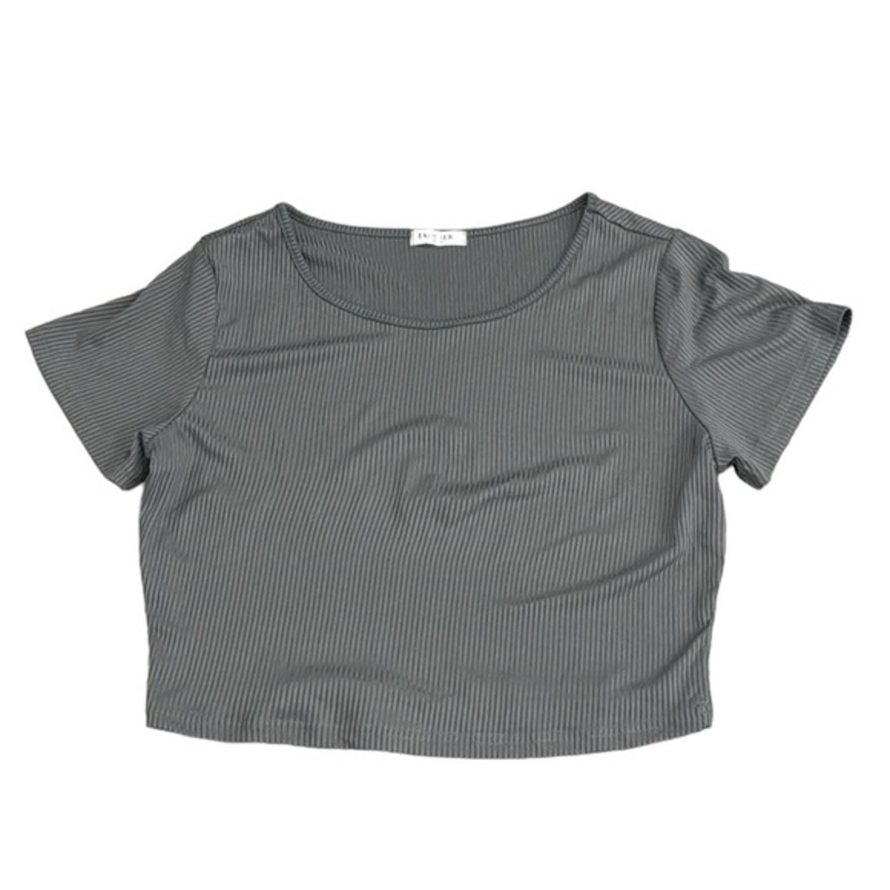 Women’s Gray Ribbed Knit Cropped Crop Top Short Sleeve Stretch T-Shirt Large